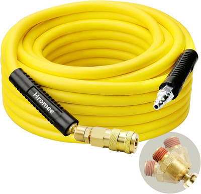 Air Compressor Hose 3/8 in X 50 Ft Hybrid Rubber 300 PSI 1/4'' MNPT Yellow