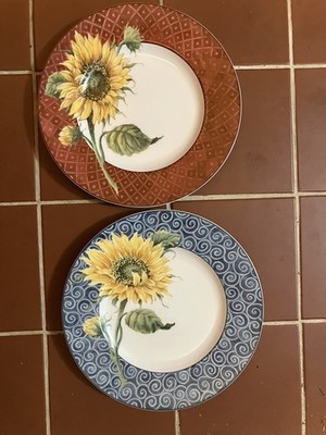 Two Fitz and Floyd Sunflower Dessert Plates - One Red One Blue