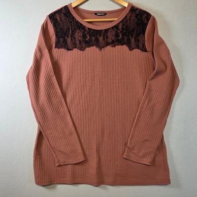 Heimish USA Waffle Knit Top Mauve Terracotta Black Lace Overlay Long Sleeve L
