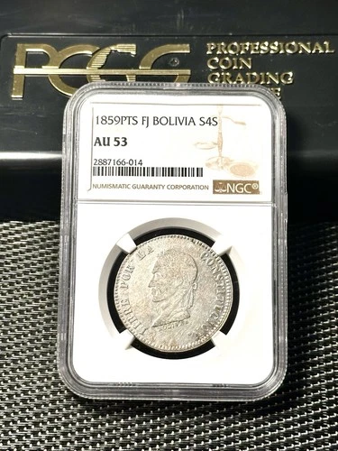 1859 pts FJ Bolivia 4 Soles NGC AU 53 Beautiful Stoning Rare Coin