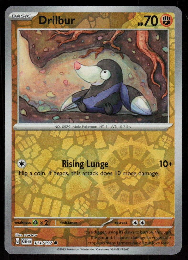 Drilbur 111/197 Common Obsidian Flames Pokemon Reverse Holo Near Mint