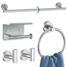 5 Pieces Bathroom Hardware Set Brushed Nickel Towel Bar Set Round Towel Holde...