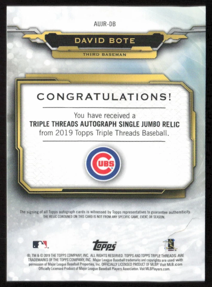 2019 Topps Triple Threads Auto Jumbo Relic Gold /25 David Bote #AUJR-DB Cubs - Image 2 of 2