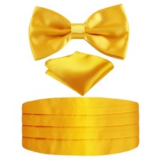 Multicolored Silk Solid Cummerbund Bow Tie Set, Gold Yellow