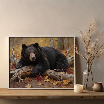 Black Bear in Autumn Forest Print   Rustic Wildlife Wall Art Cabin Decor
