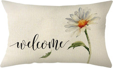 Watercolor Daisy Welcome Throw Pillow Cover, 12 X 20 Inch Spring Summer Floral C