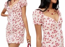 Urban Outfitters Floral Puff Sleeve Milkmaid Mini Dress Pink Red Sweetheart XS