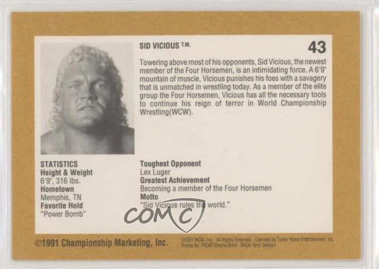 1991 Championship Marketing WCW Sid Vicious #43 Rookie RC - Image 2 of 2