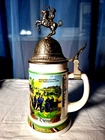 Vintage West Germany Made Of Milk Glass Tankard Lided With A Rider Figurine.