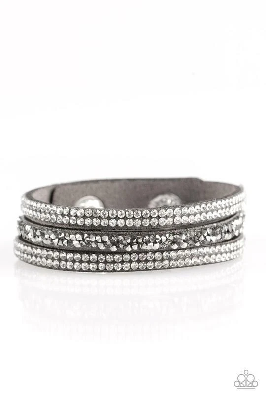 Paparazzi Mega Glam Bracelet Silver wrap snap suede rhinestone