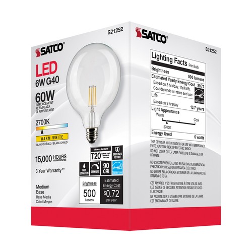Satco S21252 LED Filament Globe Bulb 120V 6W 60W G40 Medium E26 2700K Warm White - Picture 4 of 10