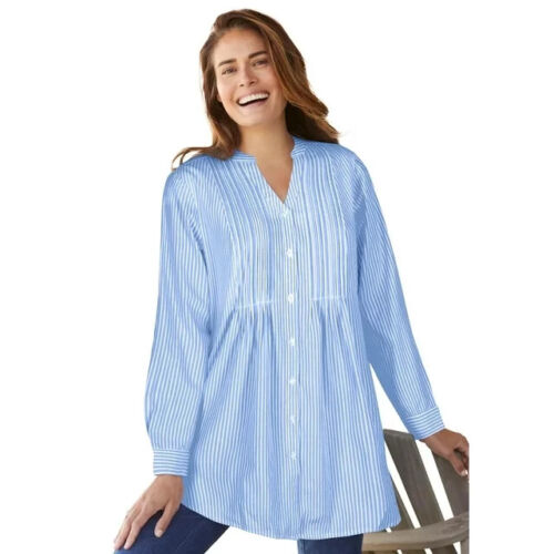 Woman Within Plus Size Perfect Pintuck Blue And White Striped Tunic Shirt 1X - Picture 1 of 7