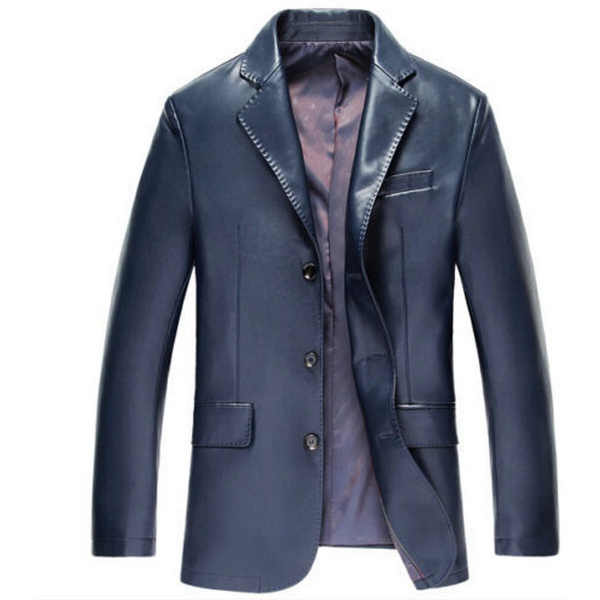 Classic Men's Pure Lambskin Leather Blazer Soft 3 BUTTON Blue Coat Blazer