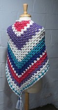 Crochet granny stitch scarf, triangle shawl with tassles pink, aqua, white