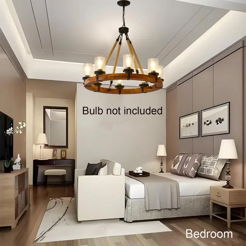 Lámparas de araña redondas de madera con ruedas de vagón de 8 luces con vidrio sembrado Sh... Foto 3 de 4