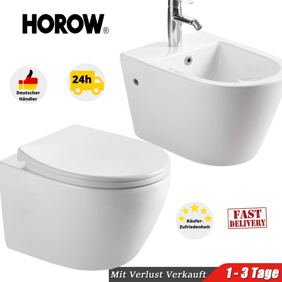 HOROW Komplett Set Wand Bidet & Spülrandloses Hänge WC Toilette mit Soft Close Sitz