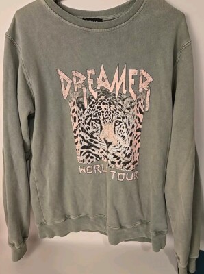 Zutter Sweatshirt Green Dreamer Graphic L/s CrewNeck Womens Medium Leopard Print