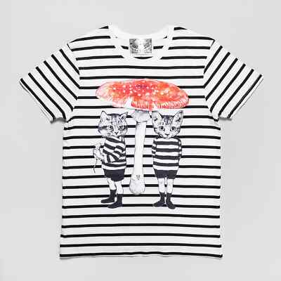 Yuko Higuchi Cotton Striped Cat Short Sleeve T-Shirt M-size OOP