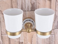 With 2 Ceramic Cups Bathroom Wall Mounted Antique Brass Toothbrush Holder 2ba780