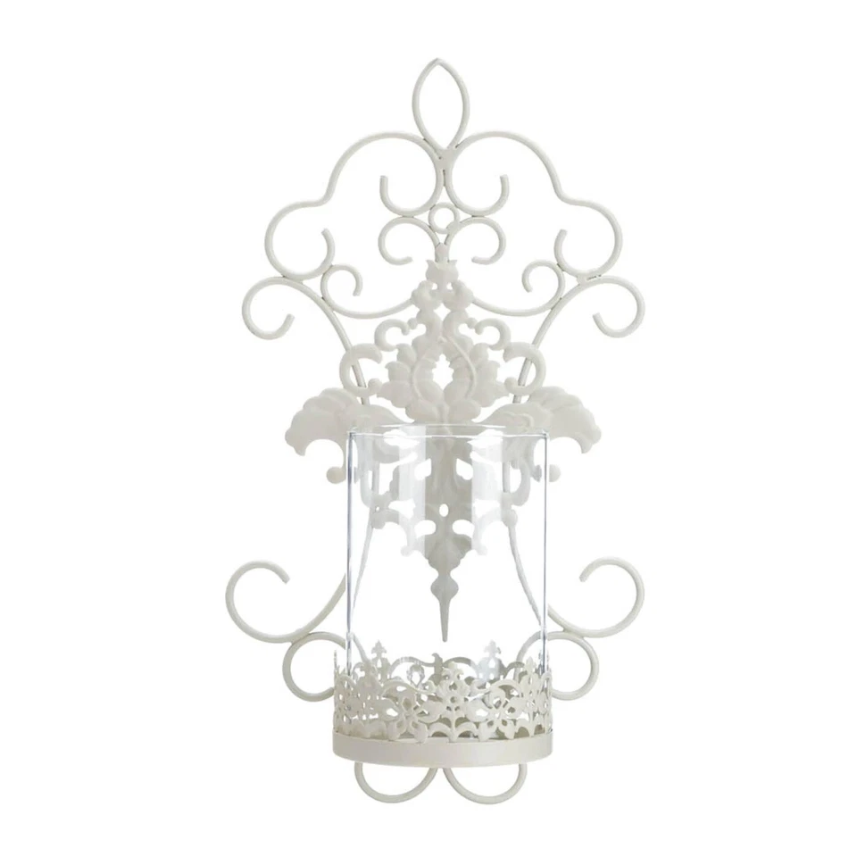 Distressed Ivory Iron Hurricane Wall Sconce Candle Holder Lantern Home Decor - Image 2 of 3