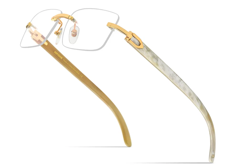 Gafas de lente transparentes retro vintage de hip hop con marco dorado de madera sin montura para hombre Foto 2 de 4