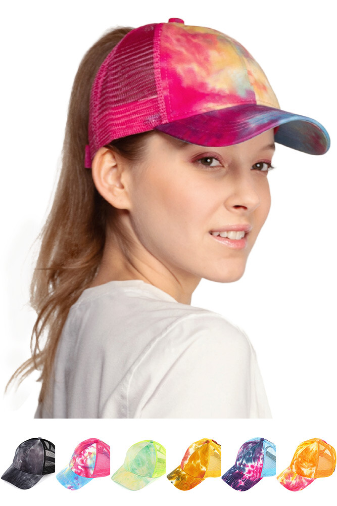 C.C Exclusive Women's Tie Dyed Pony Vintage Distressed Mesh Tucker Baseball Cap