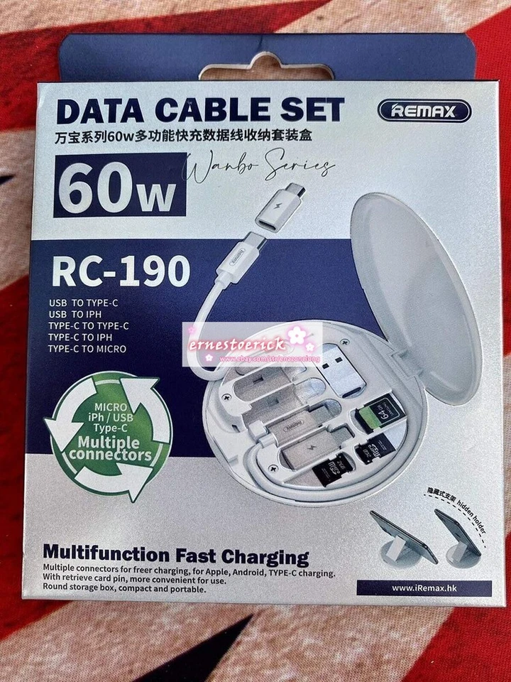 New REMAX RC-190 Multiple Connectors Data Fast Charging Cable Set 3A 60w White - Image 2 of 4
