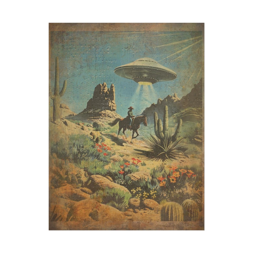 UFO Cowboys meet cacti in a Western-Alien mashup print that's genuinely weird, funny, and wall-worthy in a way that makes guests stop mid-sentence.