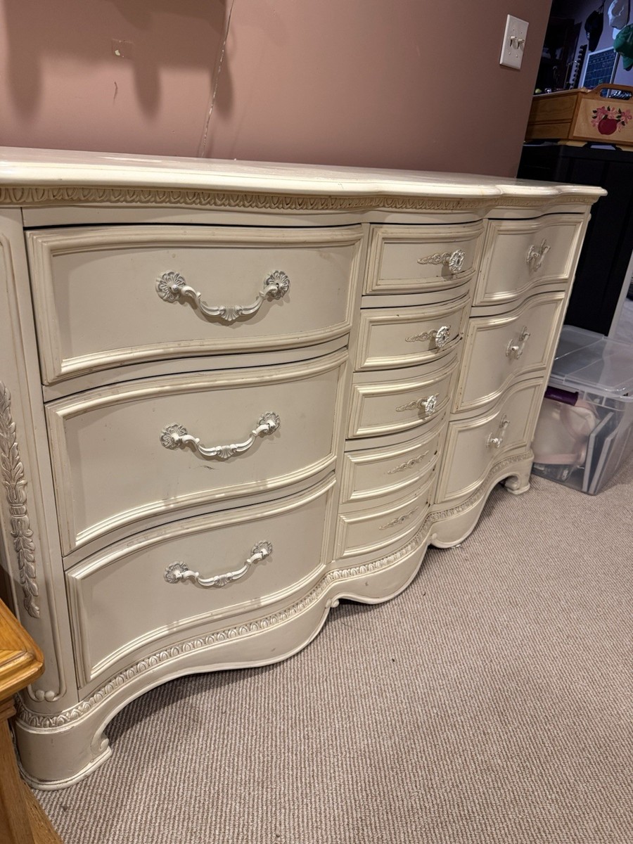 Antique Style Cream Painted Wood Dresser with 9 Drawers, Metal Handles