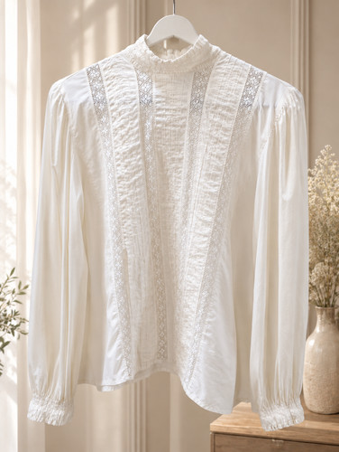 Vintage Laura Ashley Ivory Victorian Lace Pintuck High Neck Blouse Cotton EUC!