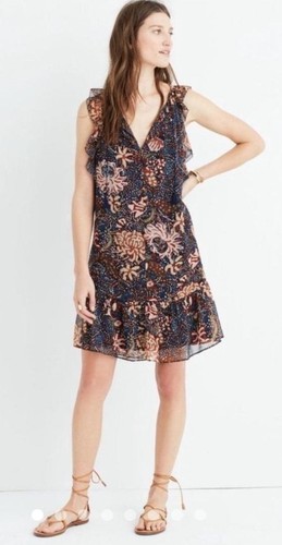 Madewell Navy Floral Ruffle Shift Mini Dress size XS