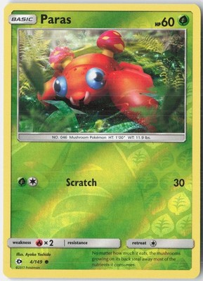Paras 4/149 Common SM Base Set Pokemon Reverse Holo Near Mint