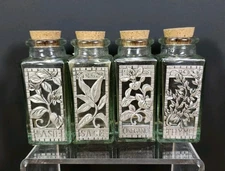 Seagull Pewter Recycled Glass Cork Top Spice Herb Jars Spain 4.25" Set Of 4