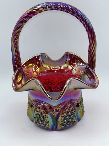 Vintage Fenton Red Iridescent Carnival Glass Buttons & Arches Ruffle Basket 6.5"