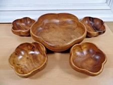 Vtg 5 Piece Wood Salad Bowl Set Genuine Monkey-Pod Made in Philippines