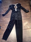 Womens Rhinestone Pearl Velour Jumpsuit Ruched Puffy Sleeves Open Back — photo 2