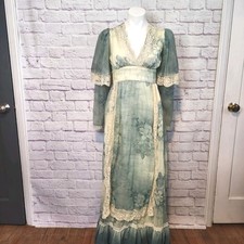 Vtg 70s Gunne Sax Maxi Dress Sz 9 Blue Floral Print Cream Lace CottageCore