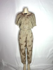 VINTAGE DAMASK 100 RAYON GOLD DAMASK ELASTIC WAIST JUMPSUIT SZ SMALL