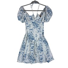 Charli & Jean Dress Juniors M White Blue Floral Puff Sleeve Lace Up Sundress