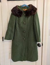 Vintage 50s Mar-Del By Rice ILGWU Women s Swing Coat Wool Mink Fur Collar Green