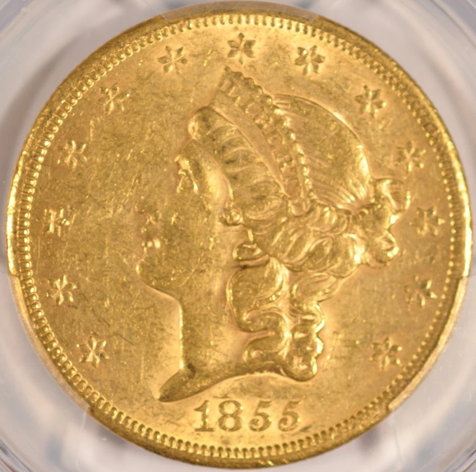 Moneda doble águila de oro Liberty de $20 1855-S graduación profesional AU-58 SF acuñada oro anterior a 1933 Foto 3 de 4