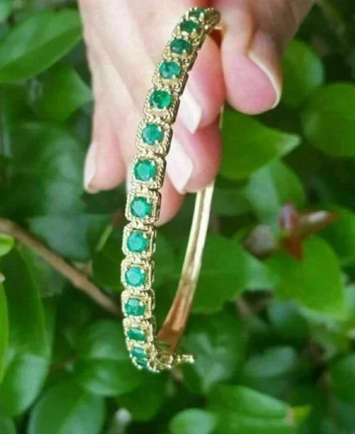 Brazalete tenis esmeralda natural de 4,00 quilates corte redondo chapado en oro amarillo de 14 quilates Foto 3 de 4