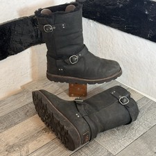 UGG Noira Mid Calf Boots Black UK 6.5 Sheepskin Strap Biker Waterproof Buckle