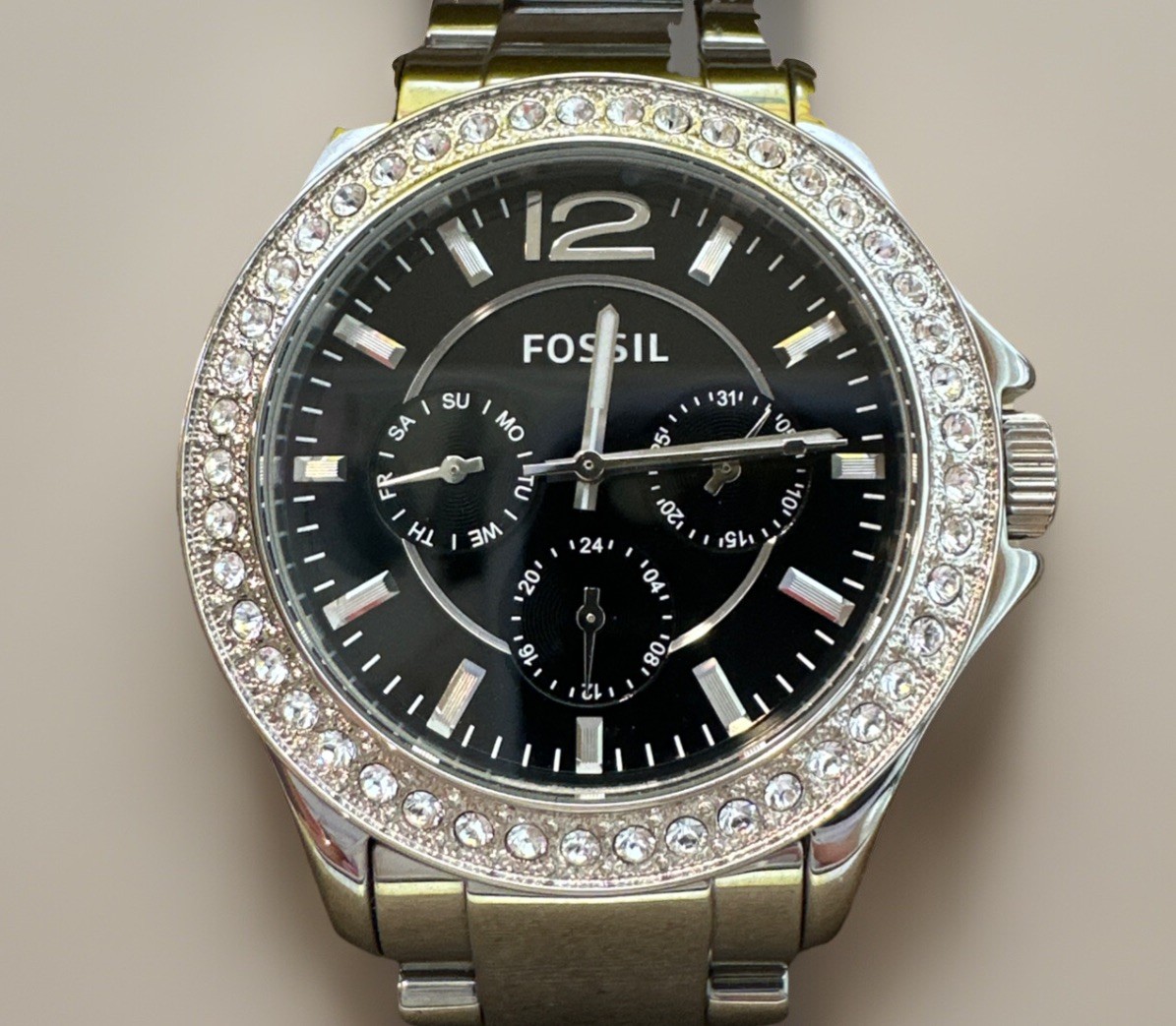 Fossil Riley Chrome Ceramic & CRYSTAL BEZEL WATCH CE1067 NEW with/Tin Fossil Riley Chrome Ceramic & CRYSTAL BEZEL WATCH CE1067 NEW  main image 4