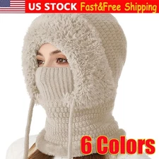 3-in-1 Women Knit Hat Winter Beanie Thermal Neck Gaiter Hooded Ear Flaps Cap JQ