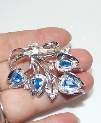 1950's Vintage Silver Glass Sapphire Blue Rhinestones Flower