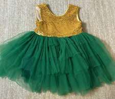 Girl  s Gold Sequin and Green Tulle Party Dress Formal Dress Up Play Costume