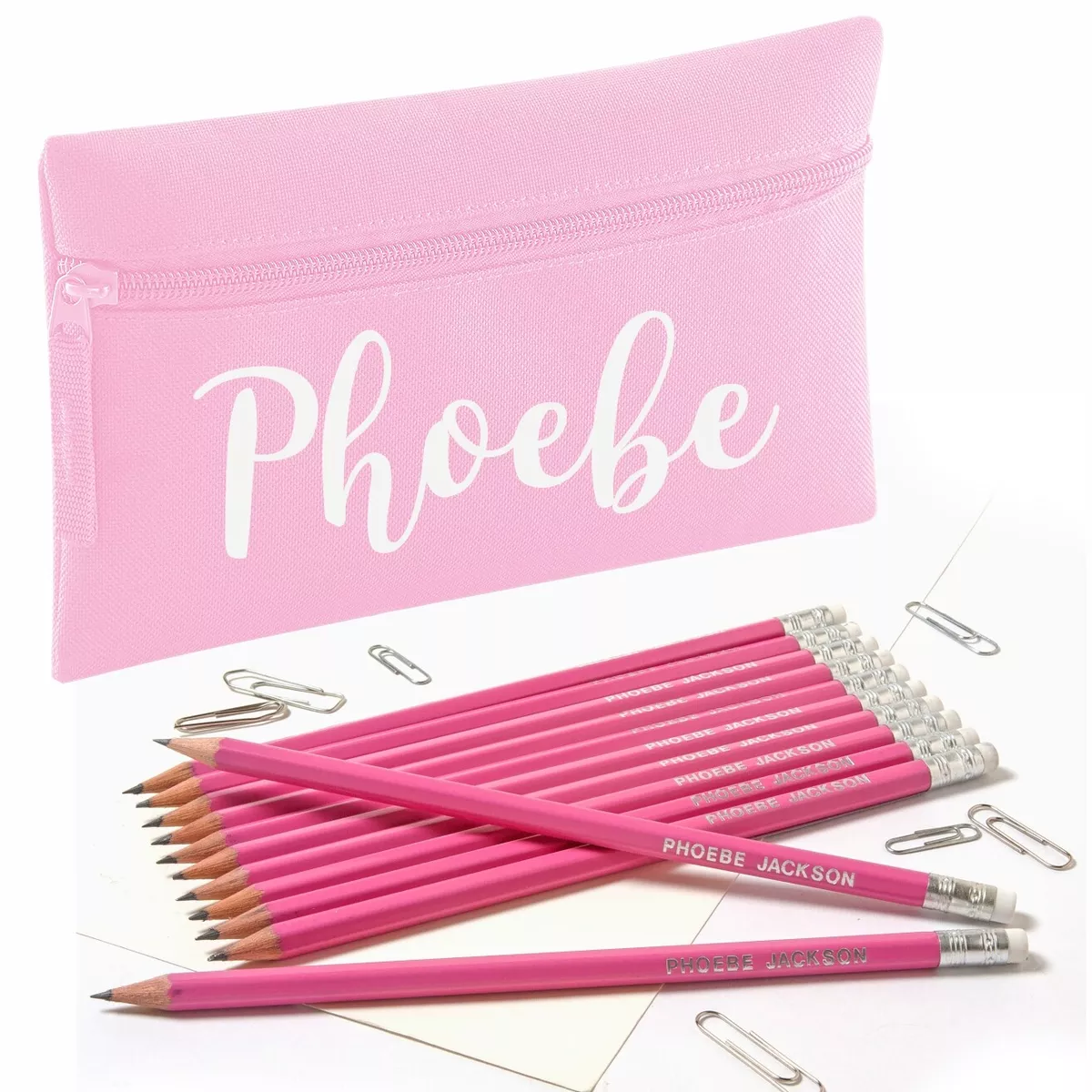 Personalised Pencil Case with12 Embossed Rubber Tipped HB Pencils Pink