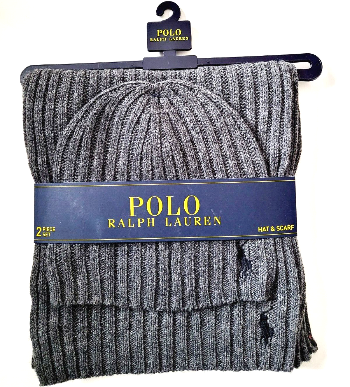 Polo Ralph Lauren uomo set 2 pezzi cappello e sciarpa logo pony misto lana grigio