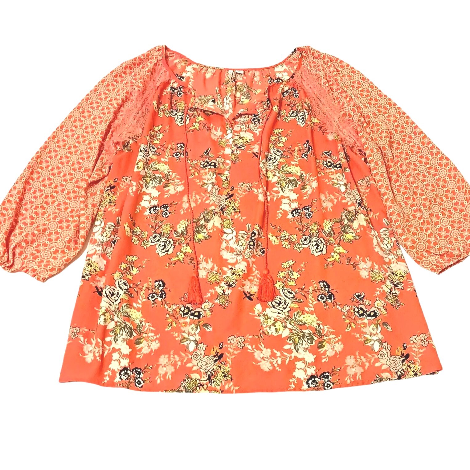 Est 1946 Top Size 26/28W Tunic Coral Orange Floral Tassels Boho Peasant Prairie-image